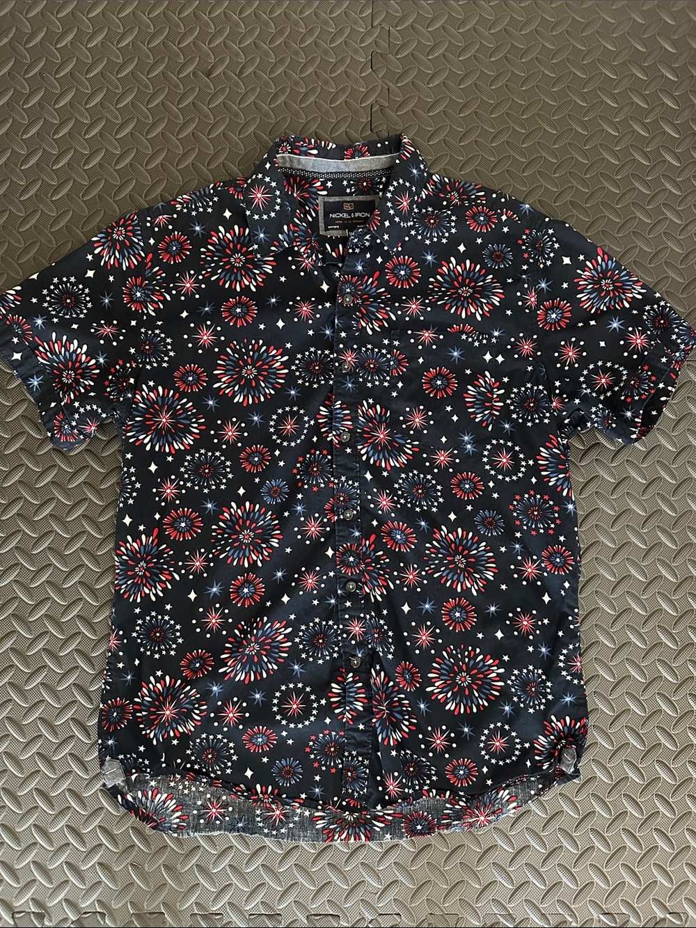 Nickels Navy Short-Sleeve Button-Down with Red & White Firework Print